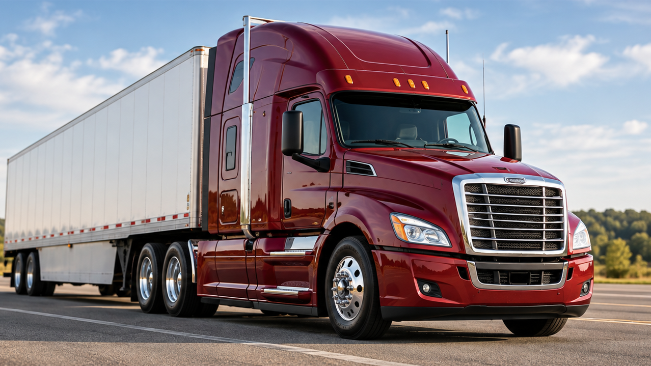 A red semi truck on the road