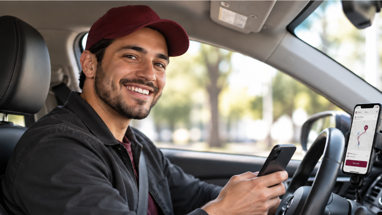 A rideshare driver sitting in a car smiling while holding a phone
