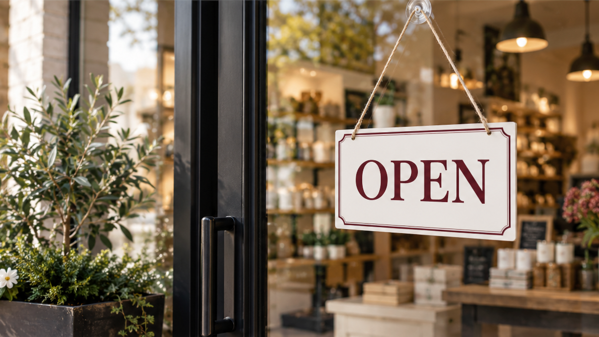 An open sign on a small business storefront